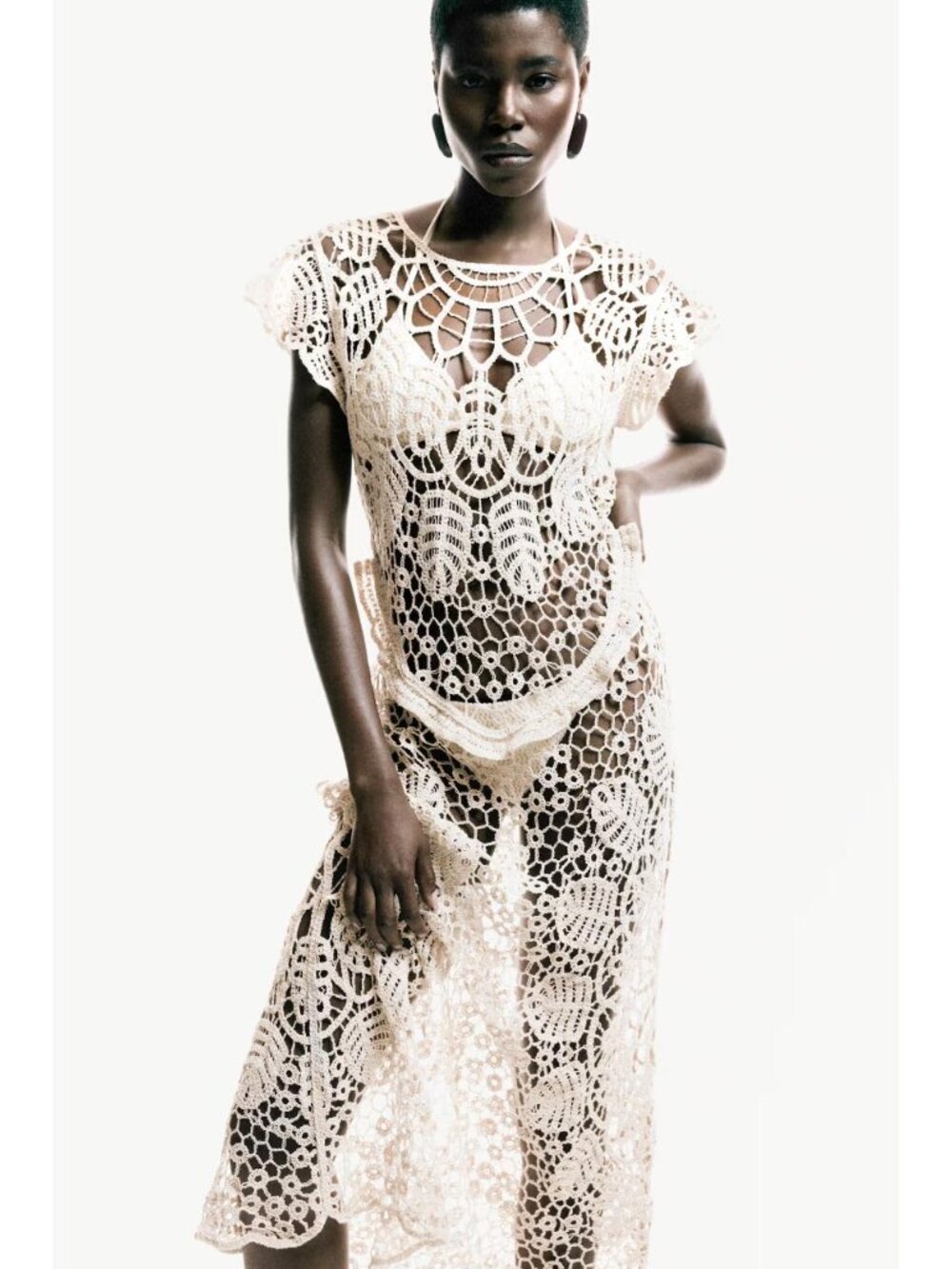 H&M FLUTTER-SLEEVED CROCHET-LOOK DRESS